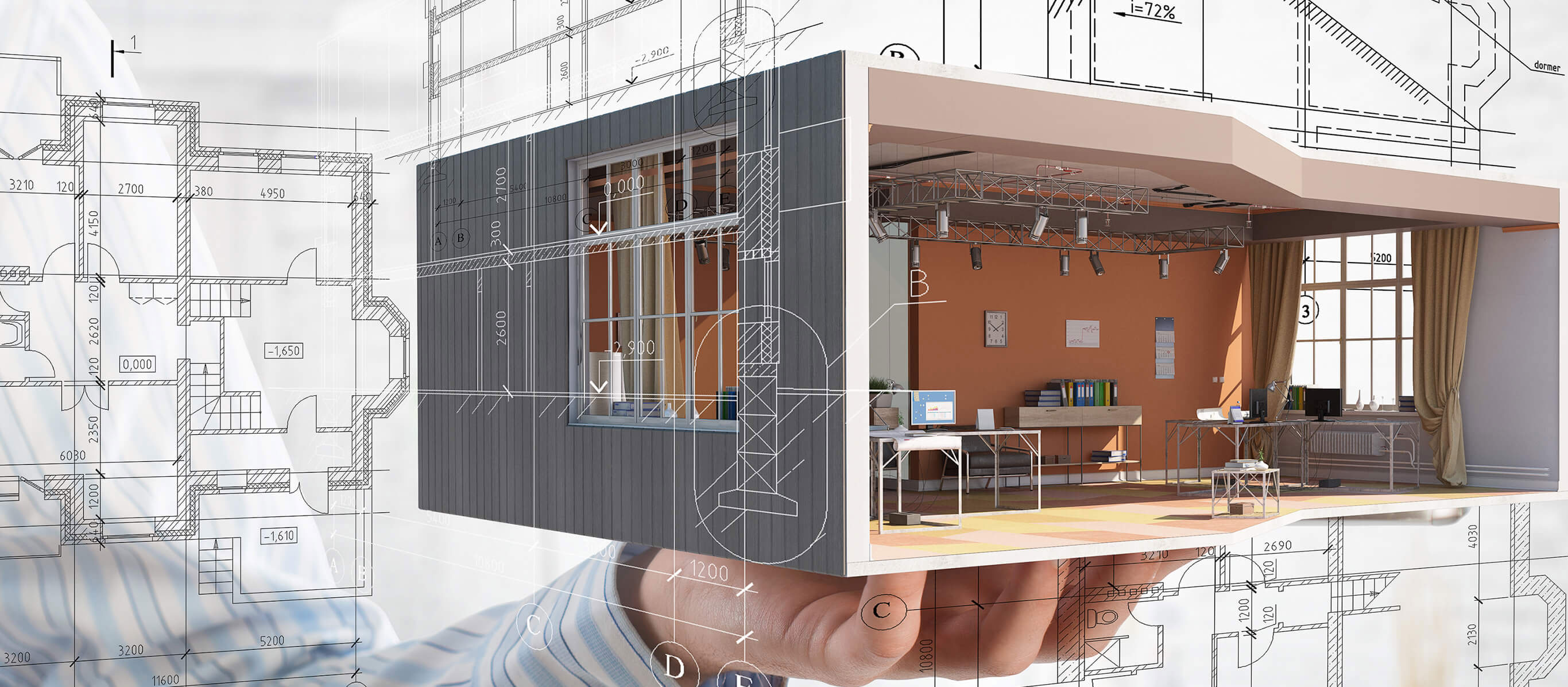 Architectural design workspace with floor plans and a 3D interior model
